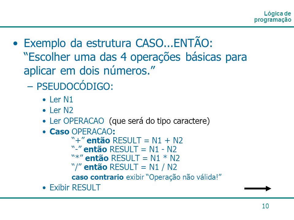 Lógica de programação Exemplo da estrutura CASO...ENTÃO: Escolher uma das 4 operações básicas para aplicar em dois números.