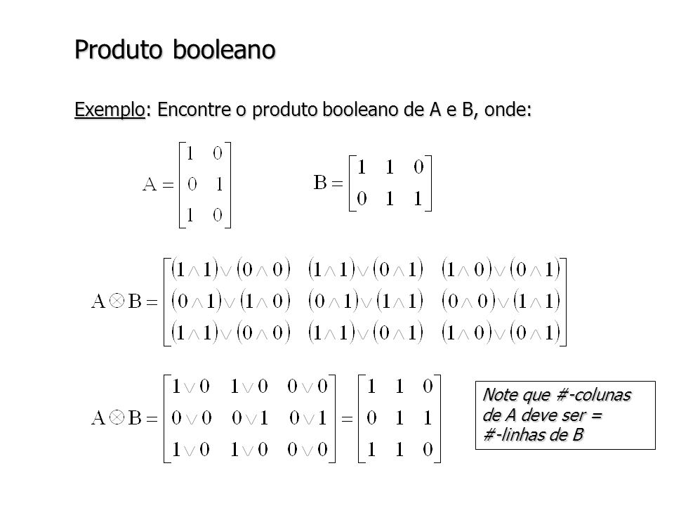 Produto booleano Exemplo: Encontre o produto booleano de A e B, onde: