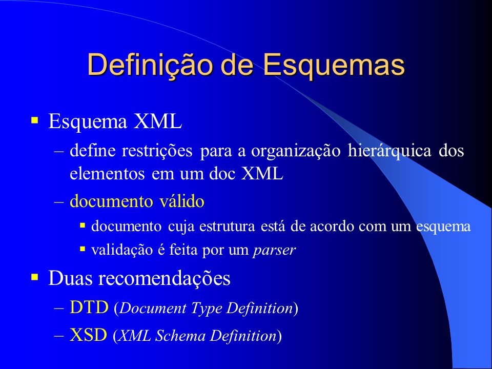 Definição de Esquemas Esquema XML Duas recomendações