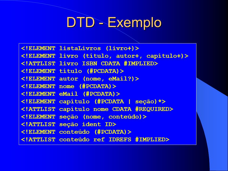 DTD - Exemplo <!ELEMENT listaLivros (livro+)>