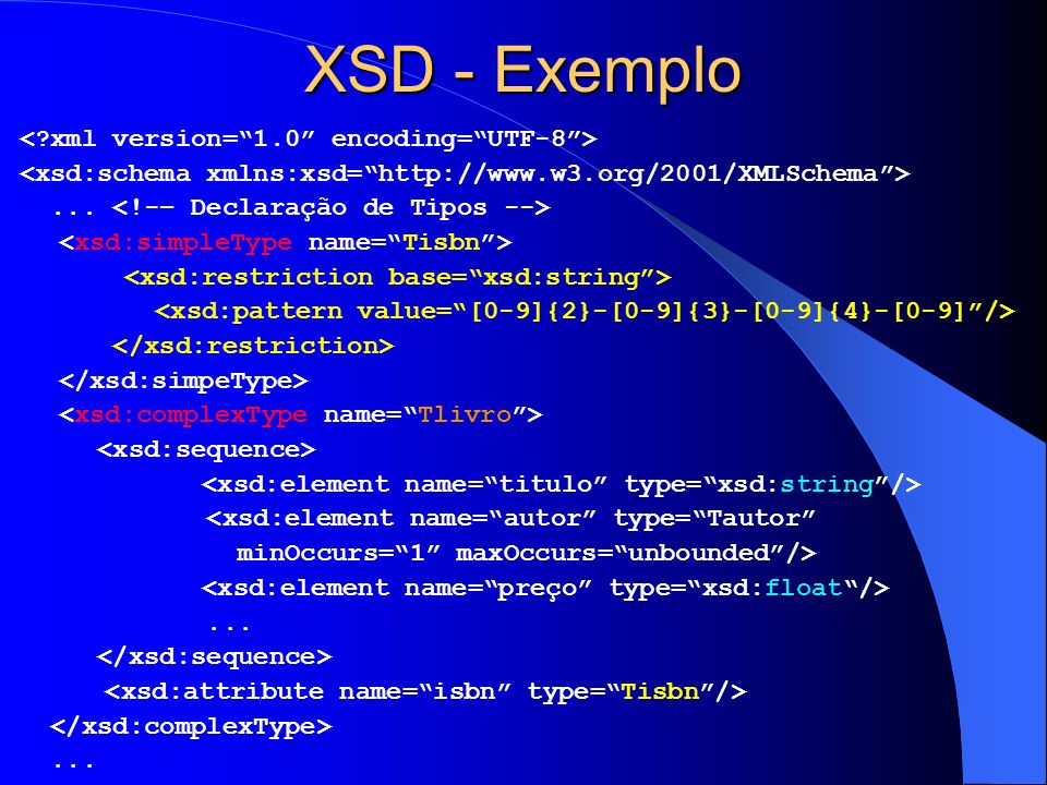 XSD - Exemplo < xml version= 1.0 encoding= UTF-8 >