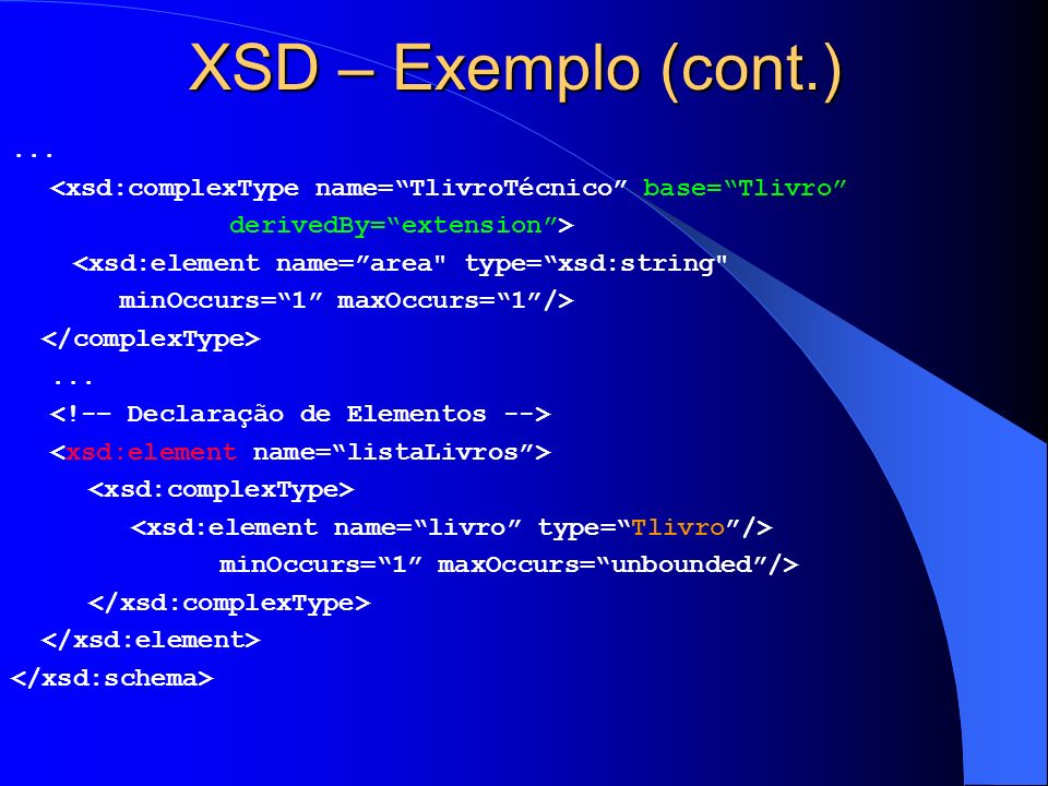 XSD – Exemplo (cont.) ... <xsd:complexType name= TlivroTécnico base= Tlivro derivedBy= extension >