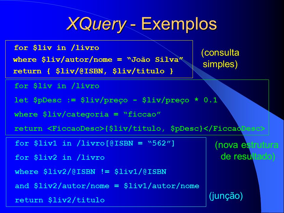 XQuery - Exemplos for $liv in /livro (consulta simples)