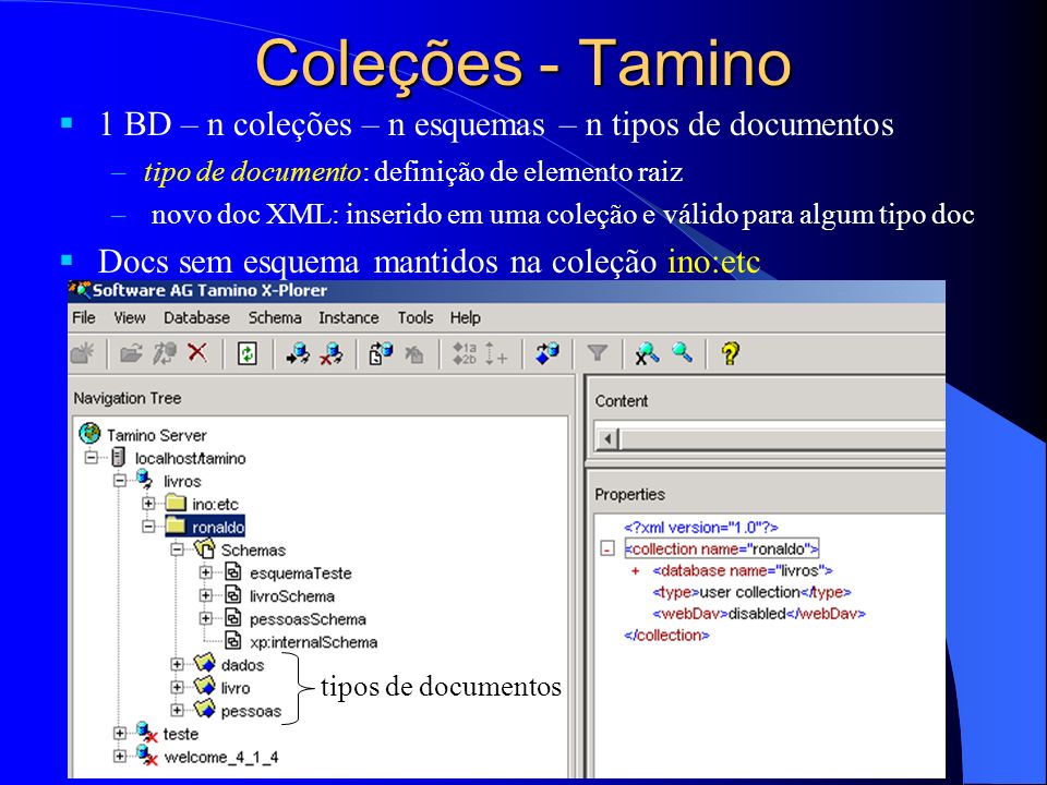 Coleções - Tamino 1 BD – n coleções – n esquemas – n tipos de documentos. tipo de documento: definição de elemento raiz.