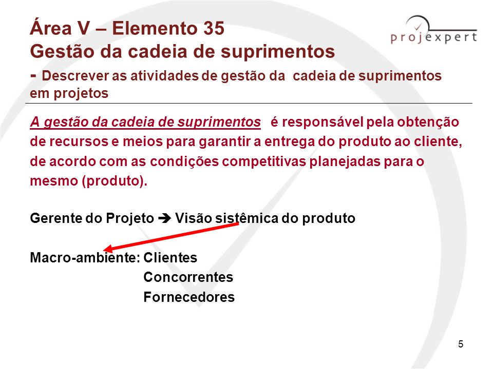 Área V – Elemento 35 Gestão da cadeia de suprimentos - Descrever as atividades de gestão da cadeia de suprimentos em projetos
