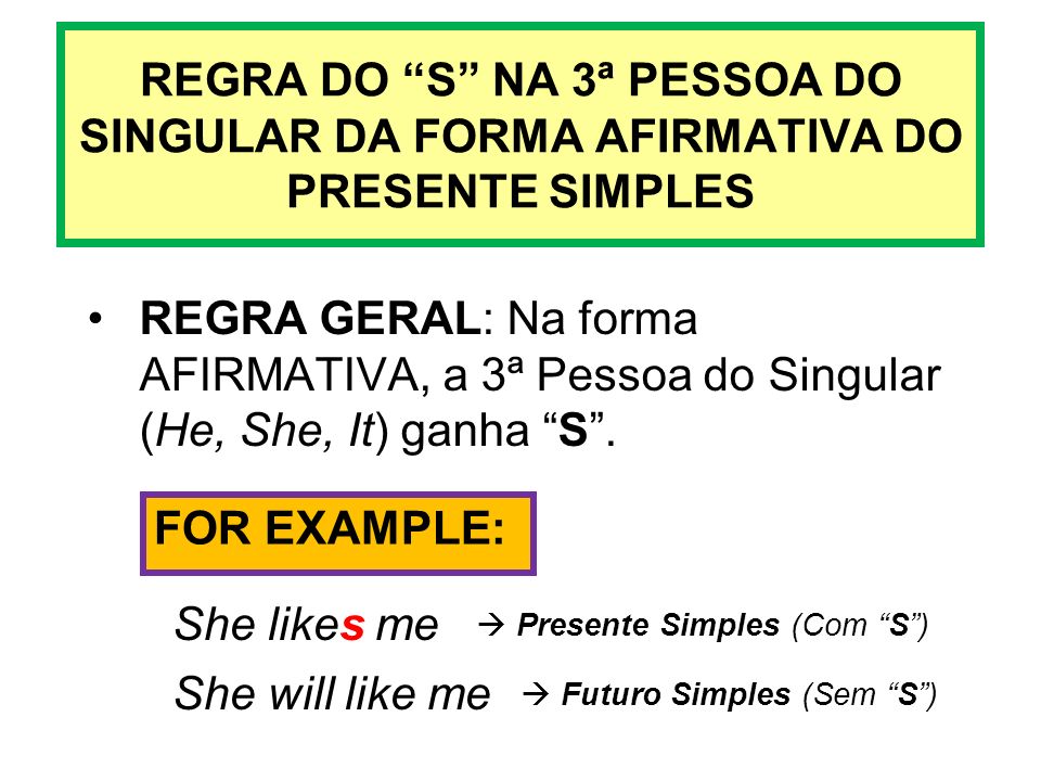 REGRA DO S NA 3ª PESSOA DO SINGULAR DA FORMA AFIRMATIVA DO PRESENTE SIMPLES