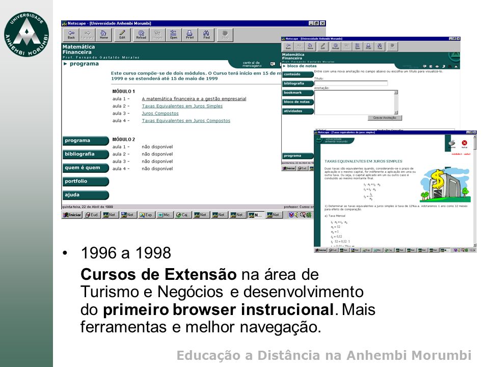 1996 a 1998 Cursos de Extensão na área de Turismo e Negócios e desenvolvimento do primeiro browser instrucional.