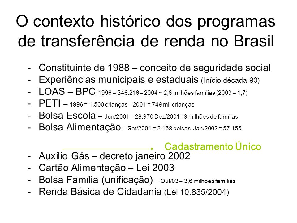 O contexto histórico dos programas de transferência de renda no Brasil