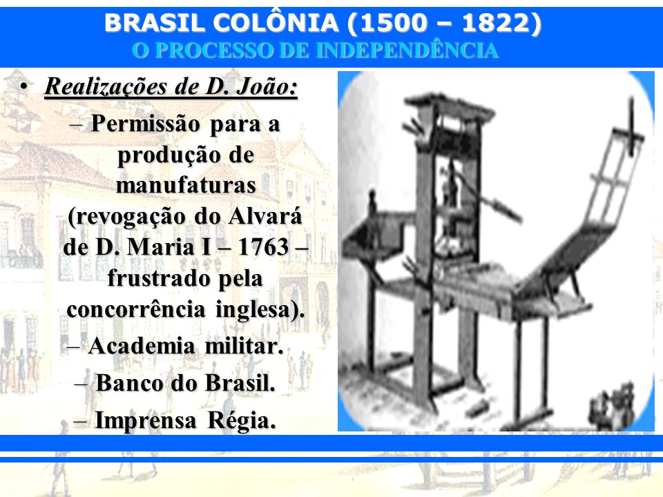 Realizações de D. João: Permissão para a produção de manufaturas (revogação do Alvará de D. Maria I – 1763 – frustrado pela concorrência inglesa).