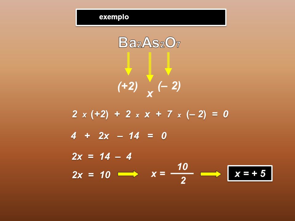 Ba2As2O7 (+2) (– 2) x 2 X (+2) + 2 x x + 7 x (– 2) = x – 14 = 0