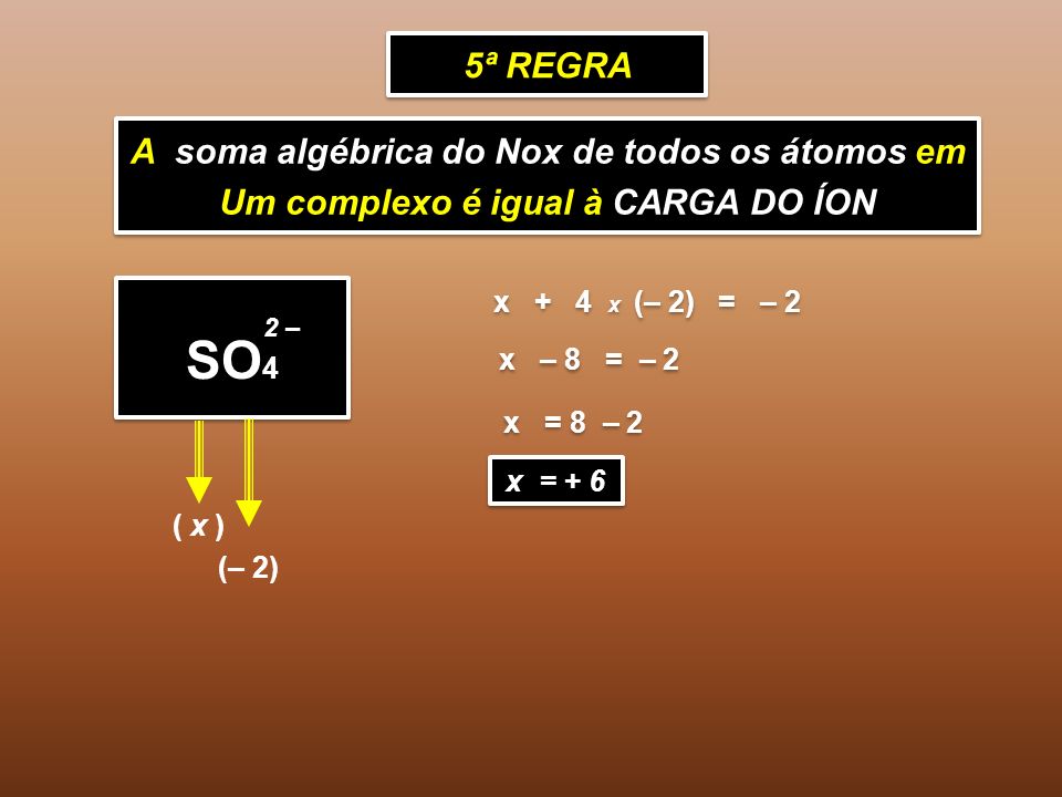 SO4 5ª REGRA A soma algébrica do Nox de todos os átomos em