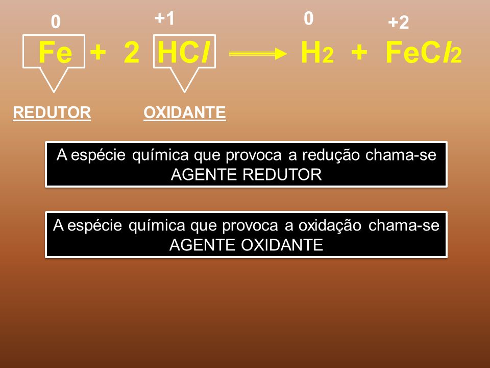 Fe + 2 HCl H2 + FeCl REDUTOR OXIDANTE