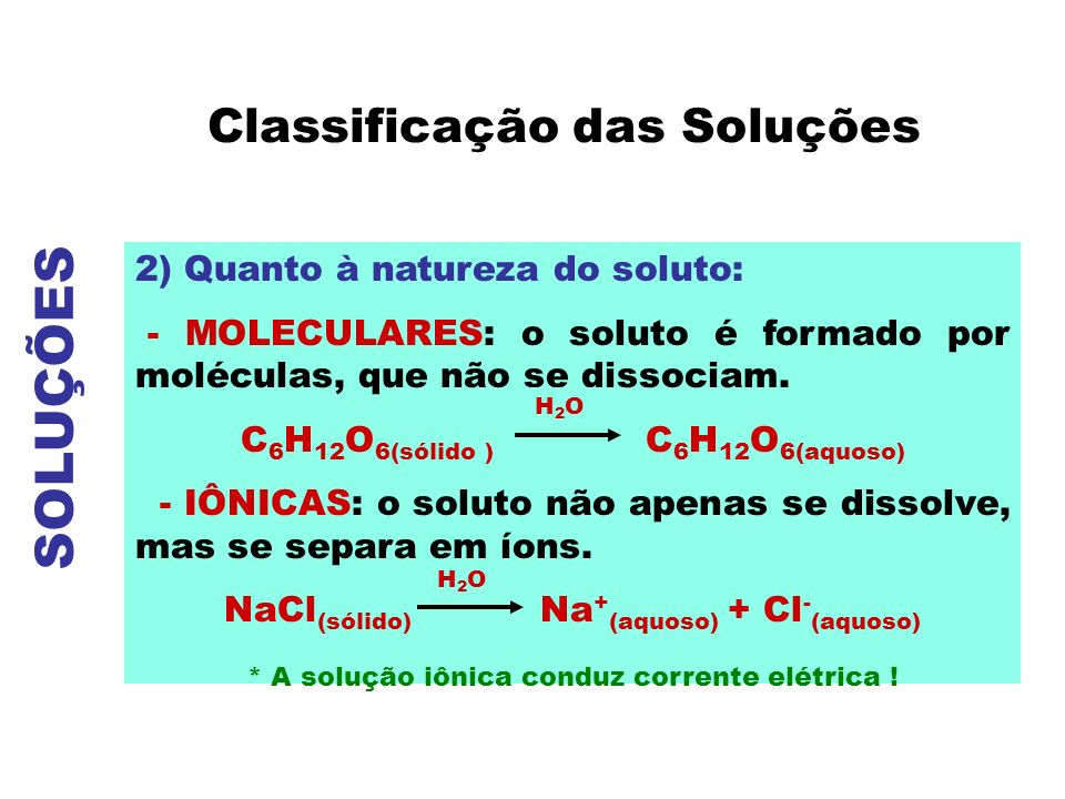 SOLUÇÕES Classificação das Soluções 2) Quanto à natureza do soluto: