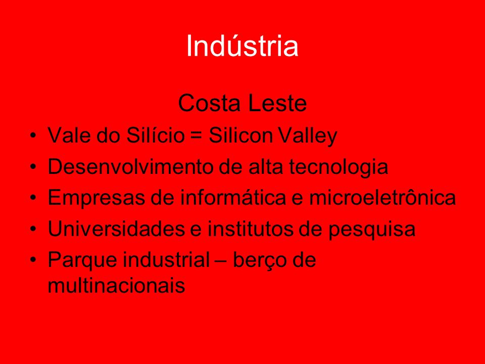 Indústria Costa Leste Vale do Silício = Silicon Valley