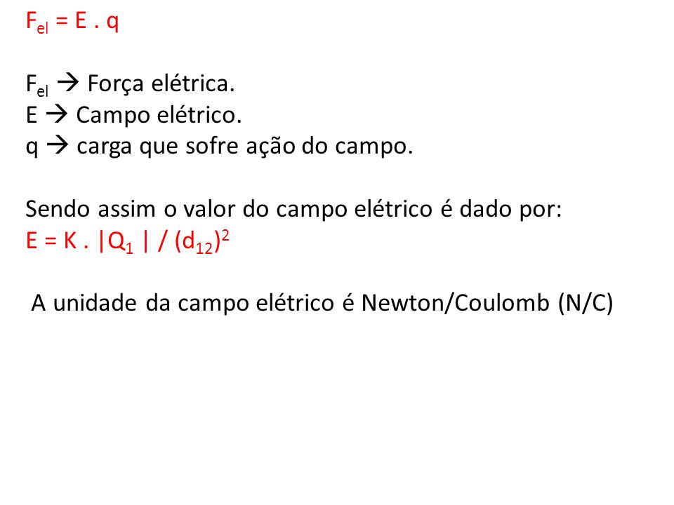 Fel = E . q Fel  Força elétrica. E  Campo elétrico. q  carga que sofre ação do campo. Sendo assim o valor do campo elétrico é dado por: