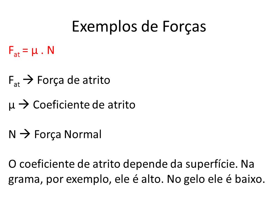 Exemplos de Forças Fat = µ . N Fat  Força de atrito