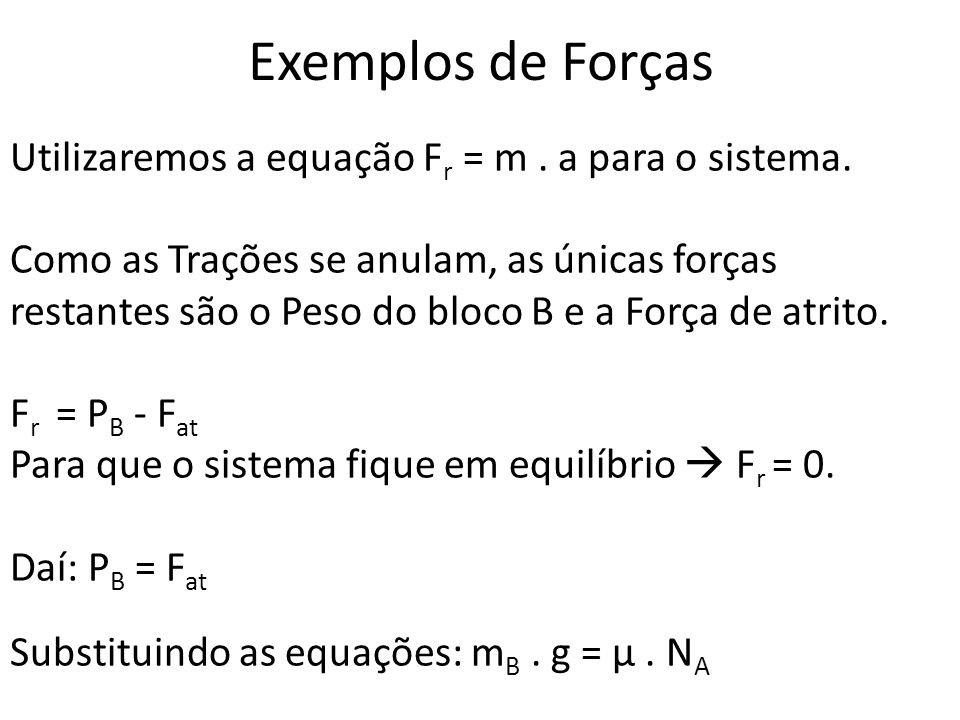 Exemplos de Forças Utilizaremos a equação Fr = m . a para o sistema.