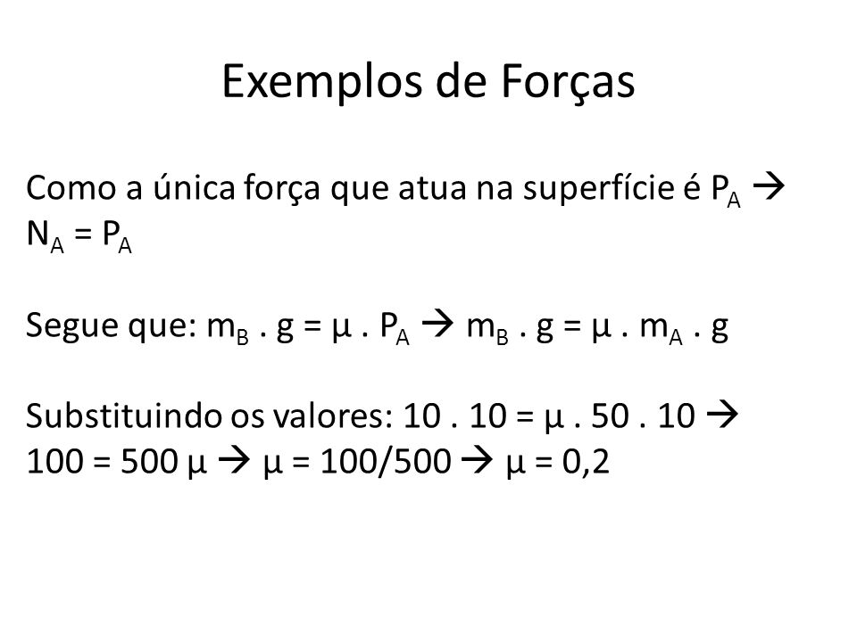 Exemplos de Forças Como a única força que atua na superfície é PA  NA = PA. Segue que: mB . g = µ . PA  mB . g = µ . mA . g.