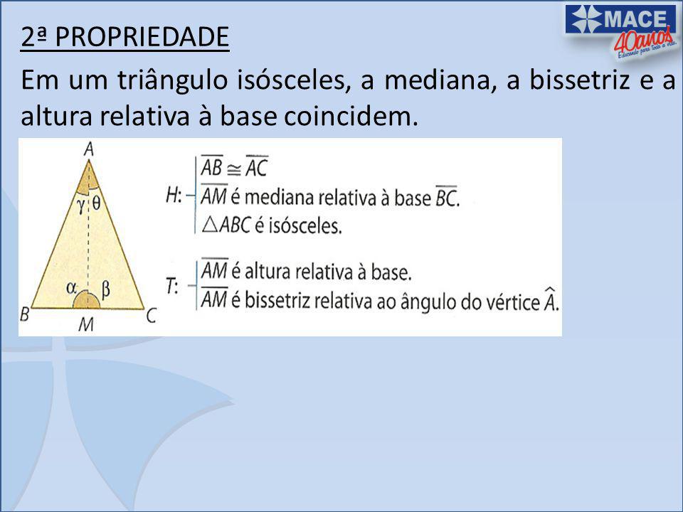 2ª PROPRIEDADE Em um triângulo isósceles, a mediana, a bissetriz e a altura relativa à base coincidem.
