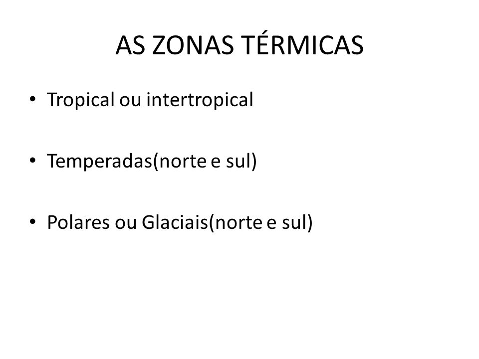 AS ZONAS TÉRMICAS Tropical ou intertropical Temperadas(norte e sul)