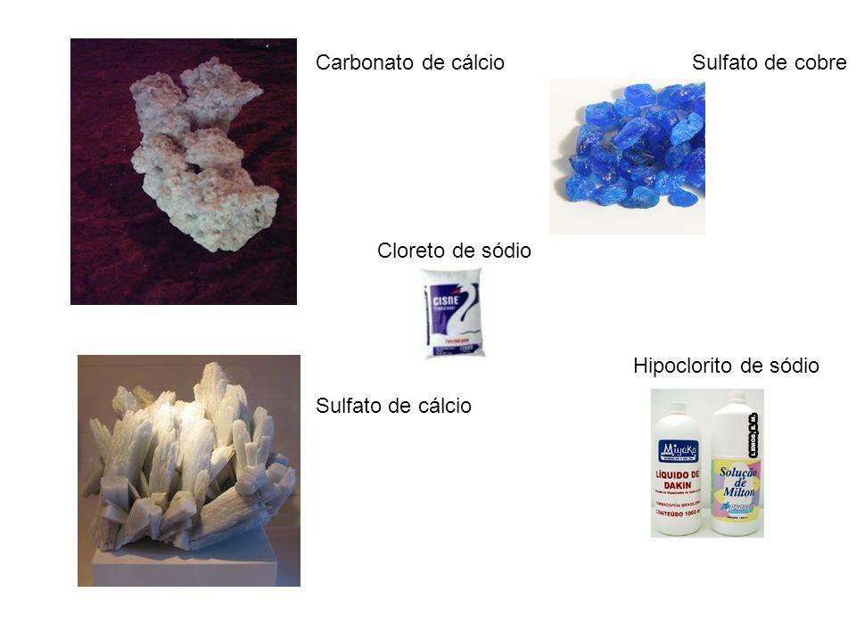 Carbonato de cálcio Sulfato de cobre Cloreto de sódio Hipoclorito de sódio Sulfato de cálcio