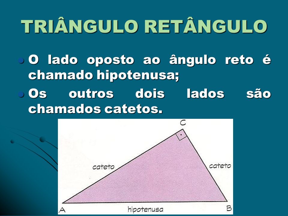 TRIÂNGULO RETÂNGULO O lado oposto ao ângulo reto é chamado hipotenusa;
