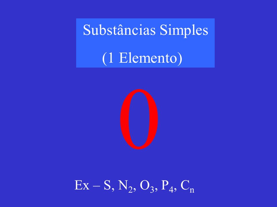 Substâncias Simples (1 Elemento) Ex – S, N2, O3, P4, Cn