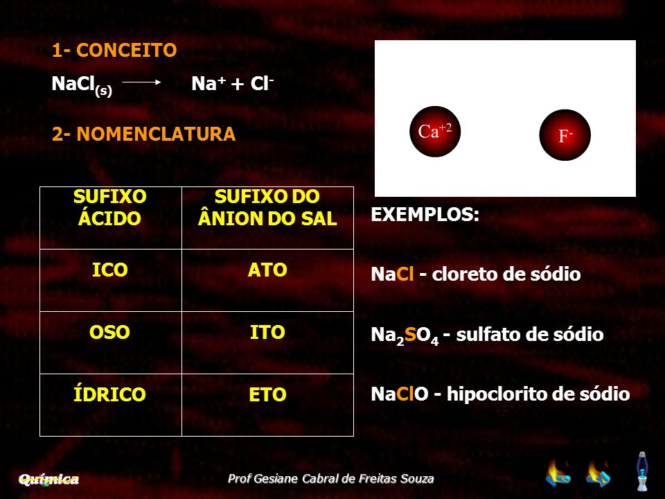 1- CONCEITO NaCl(s) Na+ + Cl- 2- NOMENCLATURA. EXEMPLOS: NaCl - cloreto de sódio. Na2SO4 - sulfato de sódio.