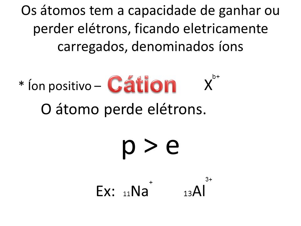 p > e Cátion O átomo perde elétrons. Ex: 11Na 13Al