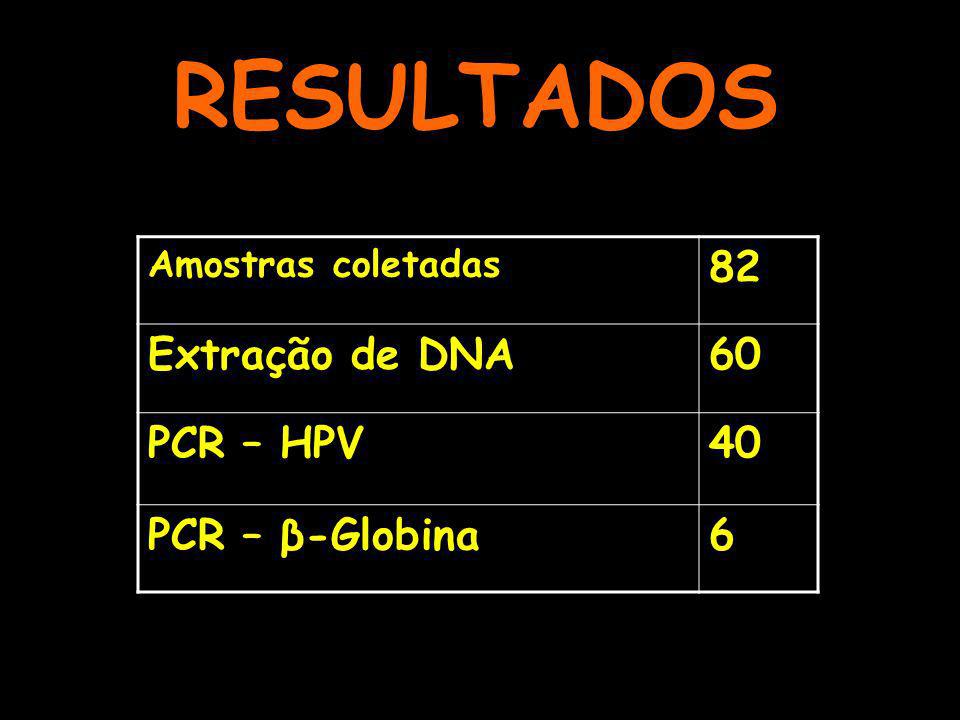 RESULTADOS 82 Extração de DNA 60 PCR – HPV 40 PCR – β-Globina 6