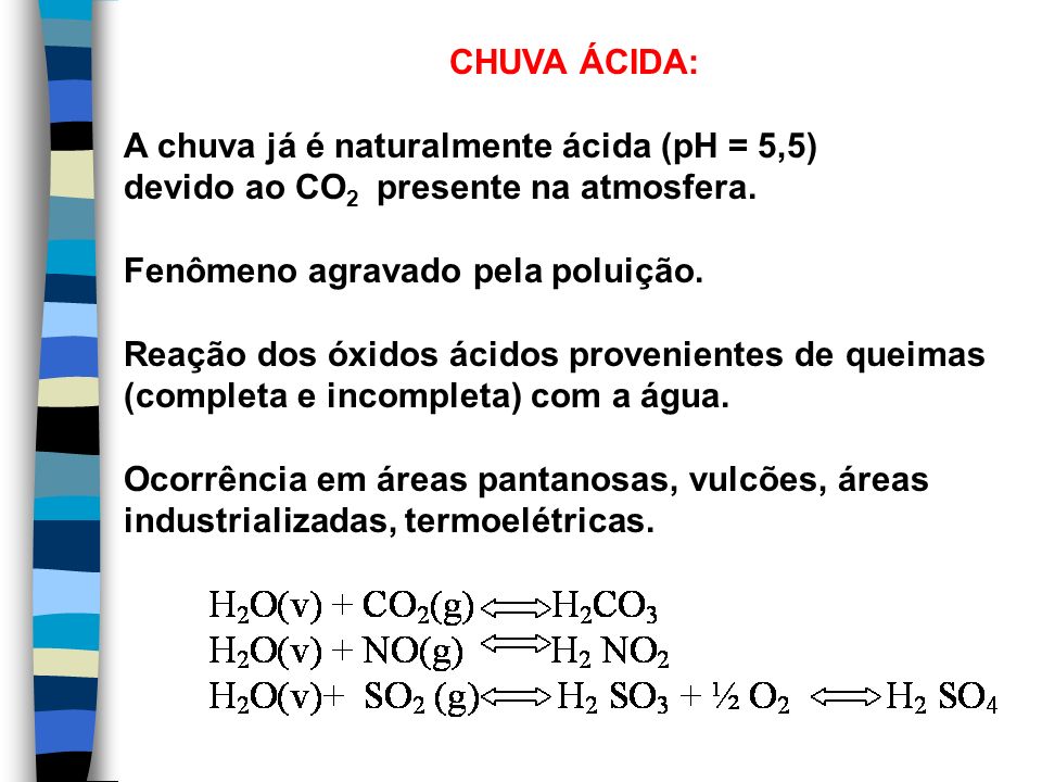 CHUVA ÁCIDA: A chuva já é naturalmente ácida (pH = 5,5) devido ao CO2 presente na atmosfera. Fenômeno agravado pela poluição.