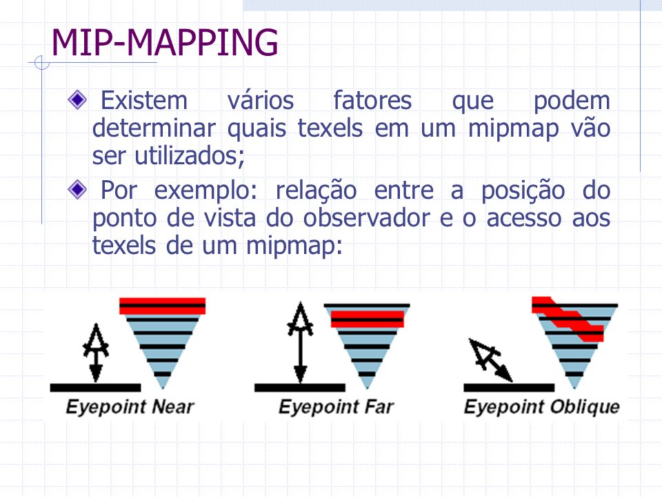 MIP-MAPPING Existem vários fatores que podem determinar quais texels em um mipmap vão ser utilizados;