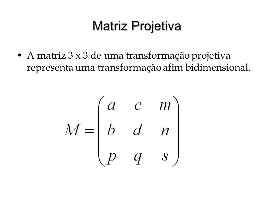 Matriz Projetiva A matriz 3 x 3 de uma transformação projetiva representa uma transformação afim bidimensional.