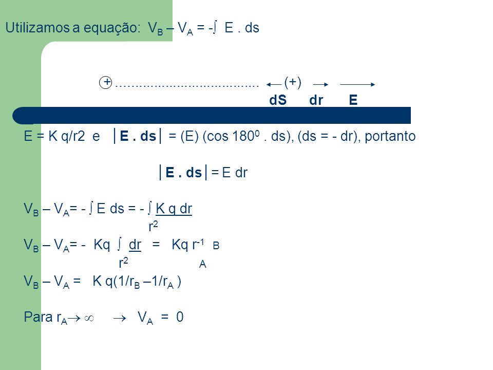 Utilizamos a equação: VB – VA = - E . ds