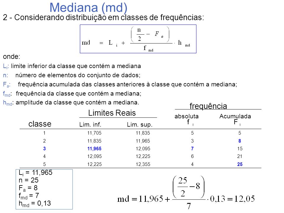 Mediana (md) 2 - Considerando distribuição em classes de frequências: