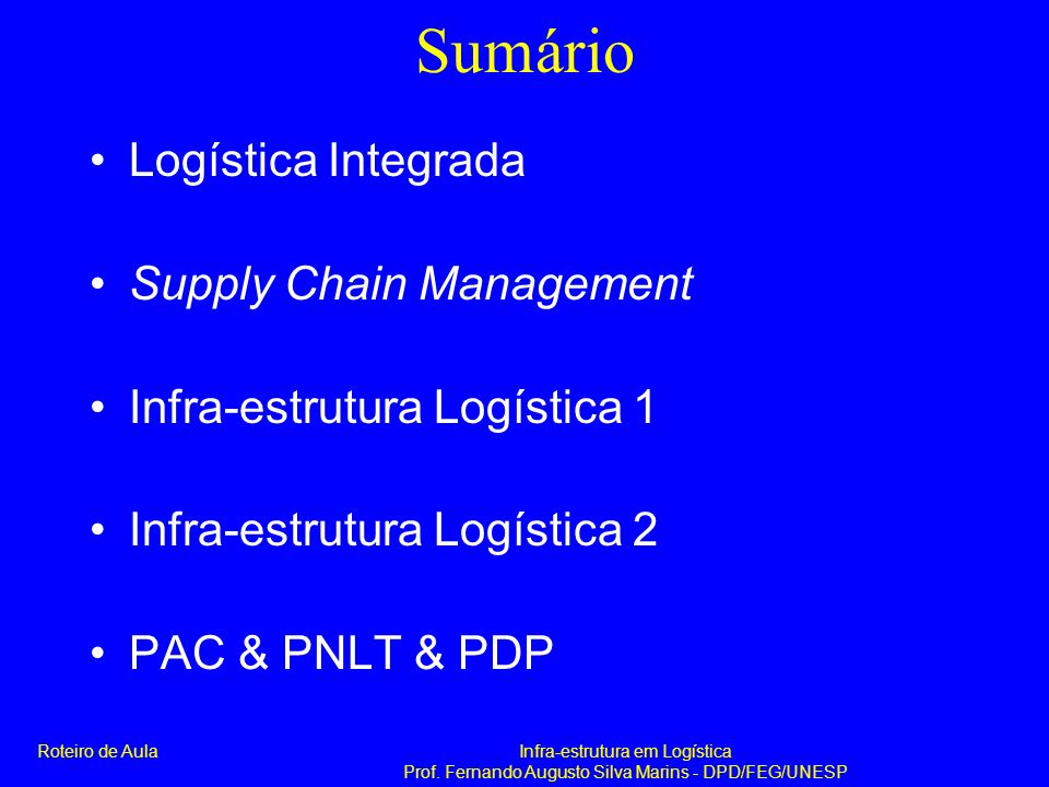 Sumário Logística Integrada Supply Chain Management