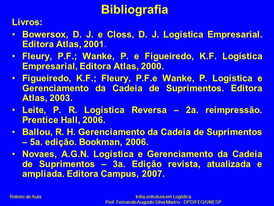 Bibliografia Livros: Bowersox, D. J. e Closs, D. J. Logística Empresarial. Editora Atlas,