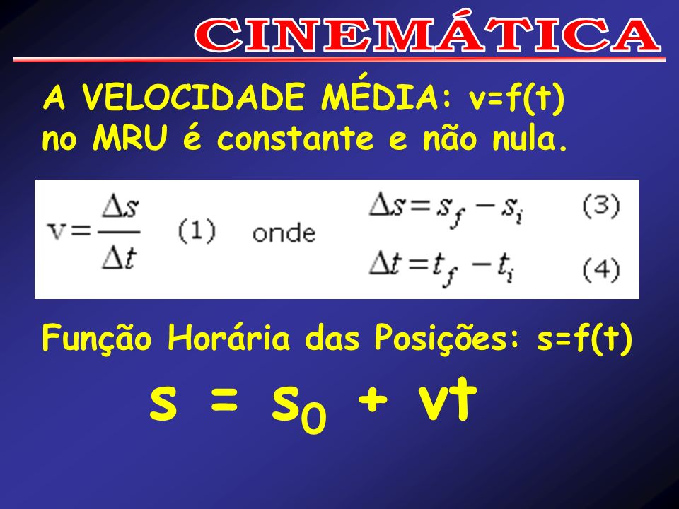 s = s0 + vt CINEMÁTICA A VELOCIDADE MÉDIA: v=f(t)