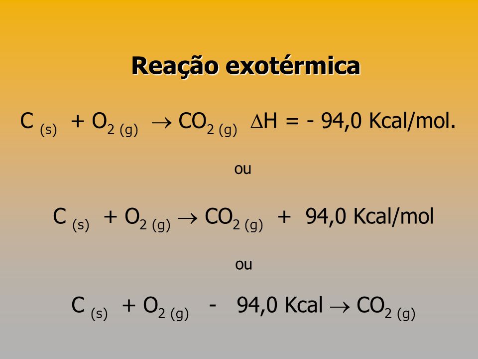 Reação exotérmica C (s) + O2 (g)  CO2 (g) H = - 94,0 Kcal/mol.
