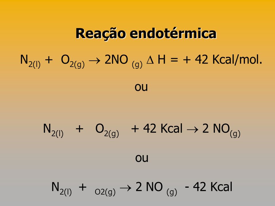 Reação endotérmica N2(l) + O2(g)  2NO (g)  H = + 42 Kcal/mol. ou