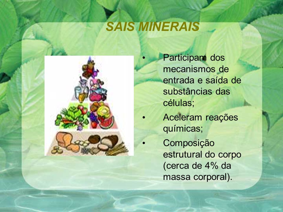 SAIS MINERAIS Participam dos mecanismos de entrada e saída de substâncias das células; Aceleram reações químicas;