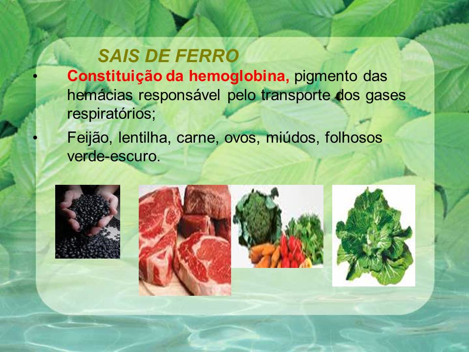 SAIS DE FERRO Constituição da hemoglobina, pigmento das hemácias responsável pelo transporte dos gases respiratórios;