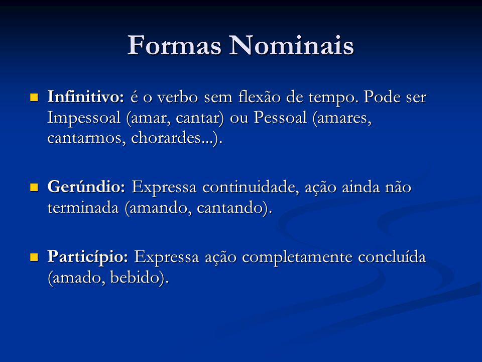Formas Nominais Infinitivo: é o verbo sem flexão de tempo. Pode ser Impessoal (amar, cantar) ou Pessoal (amares, cantarmos, chorardes...).