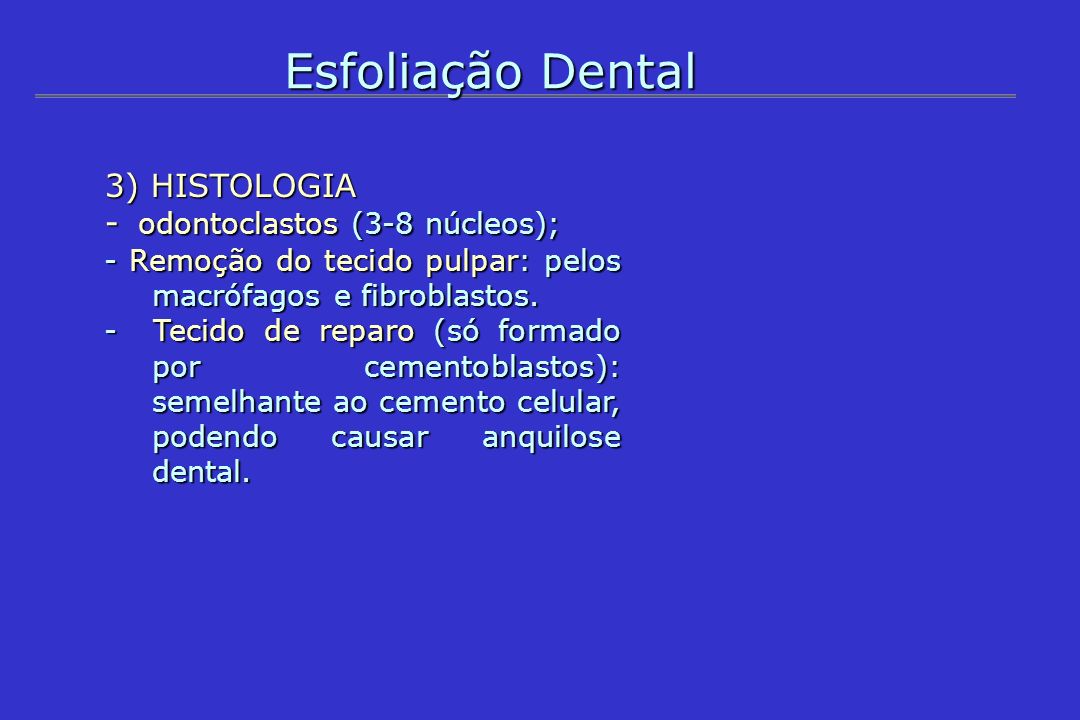 Esfoliação Dental 3) HISTOLOGIA - odontoclastos (3-8 núcleos);