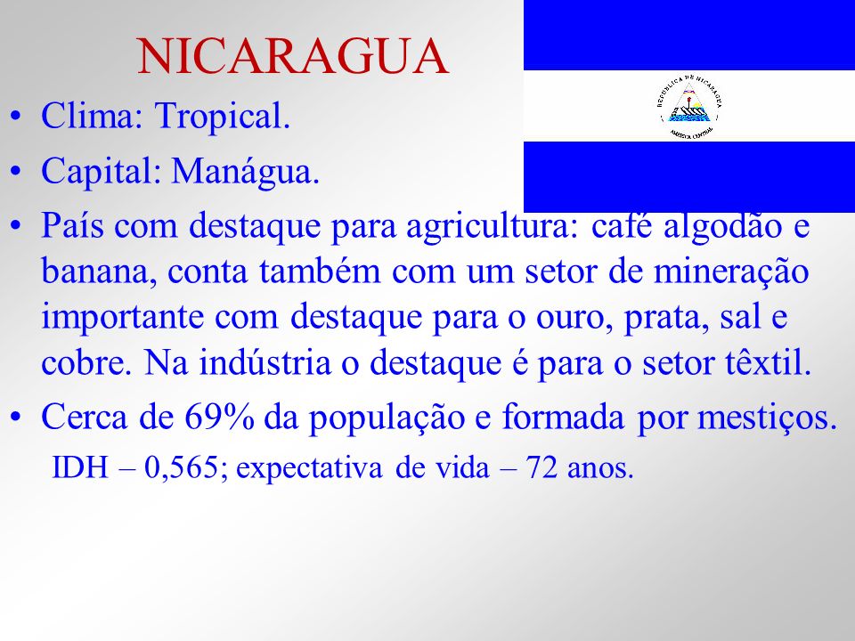 NICARAGUA Clima: Tropical. Capital: Manágua.