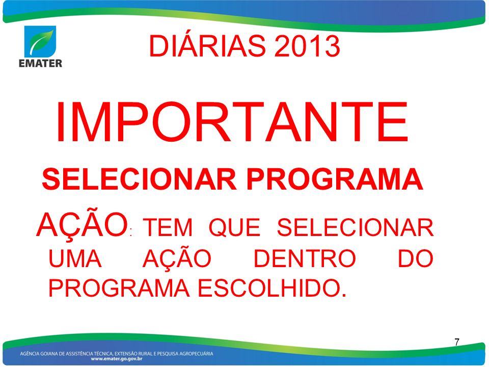 IMPORTANTE DIÁRIAS 2013 SELECIONAR PROGRAMA