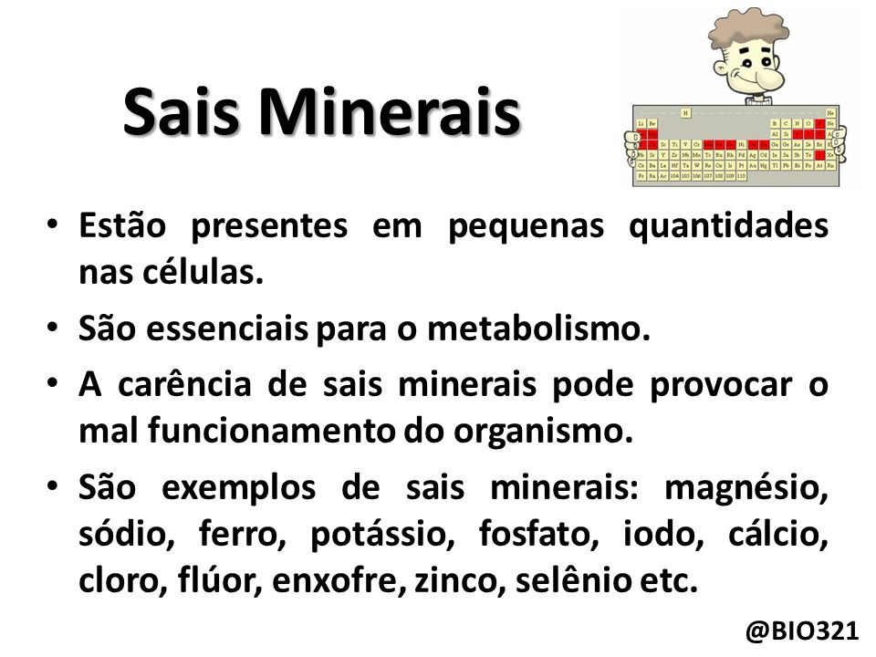 Sais Minerais Estão presentes em pequenas quantidades nas células.