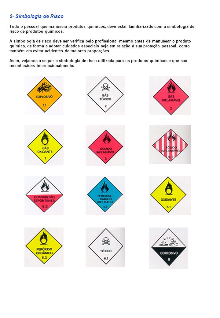 2- Simbologia de Risco Todo o pessoal que manuseia produtos químicos, deve estar familiarizado com a simbologia de risco de produtos químicos.