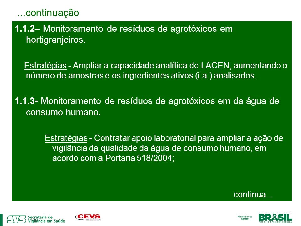 ...continuação 1.1.2– Monitoramento de resíduos de agrotóxicos em hortigranjeiros.