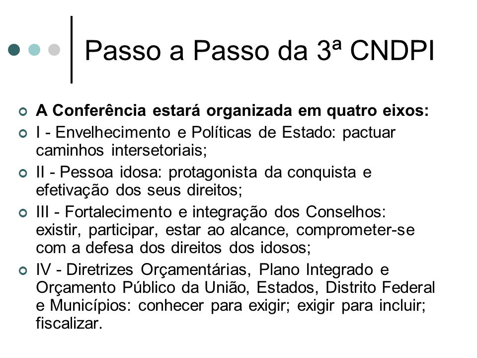 Passo a Passo da 3ª CNDPI A Conferência estará organizada em quatro eixos: